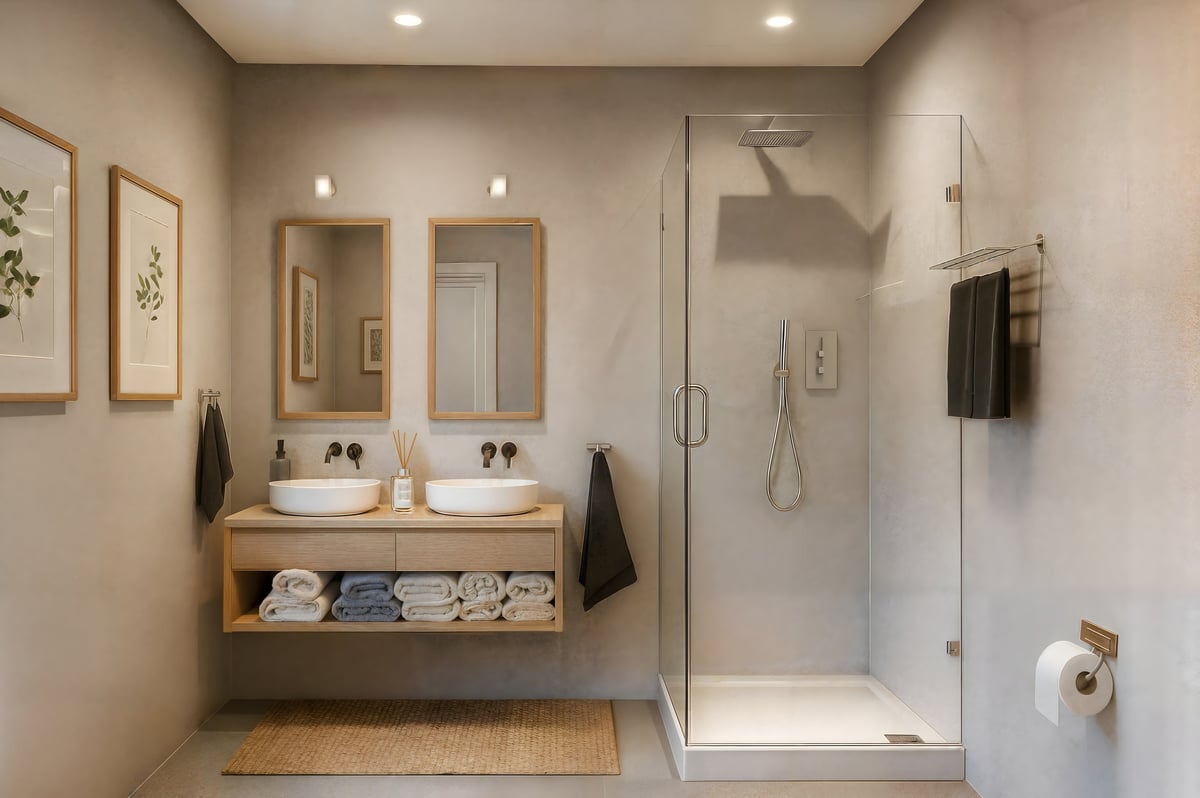 Modern bathroom with glass walk-in shower and double vanity